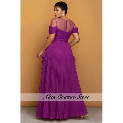 Abiti da Sera Personalizzati in Crêpe e Chiffon 2026, Lunghi fino al Pavimento, con Collo Trasparente, Maniche Corte, Spacco Alto e Volant, Abiti da Cerimonia per Donne