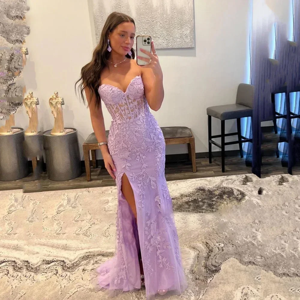 Customized Price AdjustmentElegant Lilac Lace Embroidered Evening Dress Sexy Mermaid Prom Dresses 2024 Strapless Fishtail Party