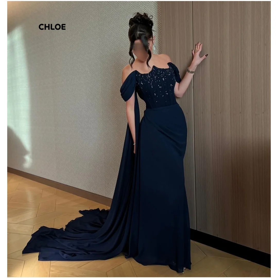 

Navy Blue Tailor-made Dresses for Special Occasions Off the Shoulders Elegant Dresses Woman Chiffon Customized Rhinestones Prom