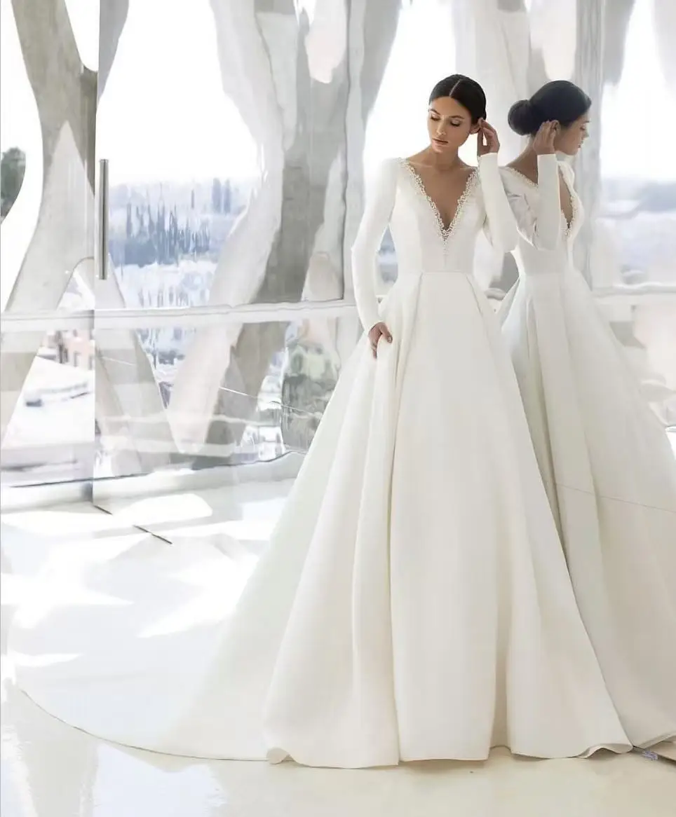 

Onelife Wedding Dress Customized Long Sleeve Scoop Neck Big Bow Back Zipper Buttons Ball White Bridal Gown Vestido Novia