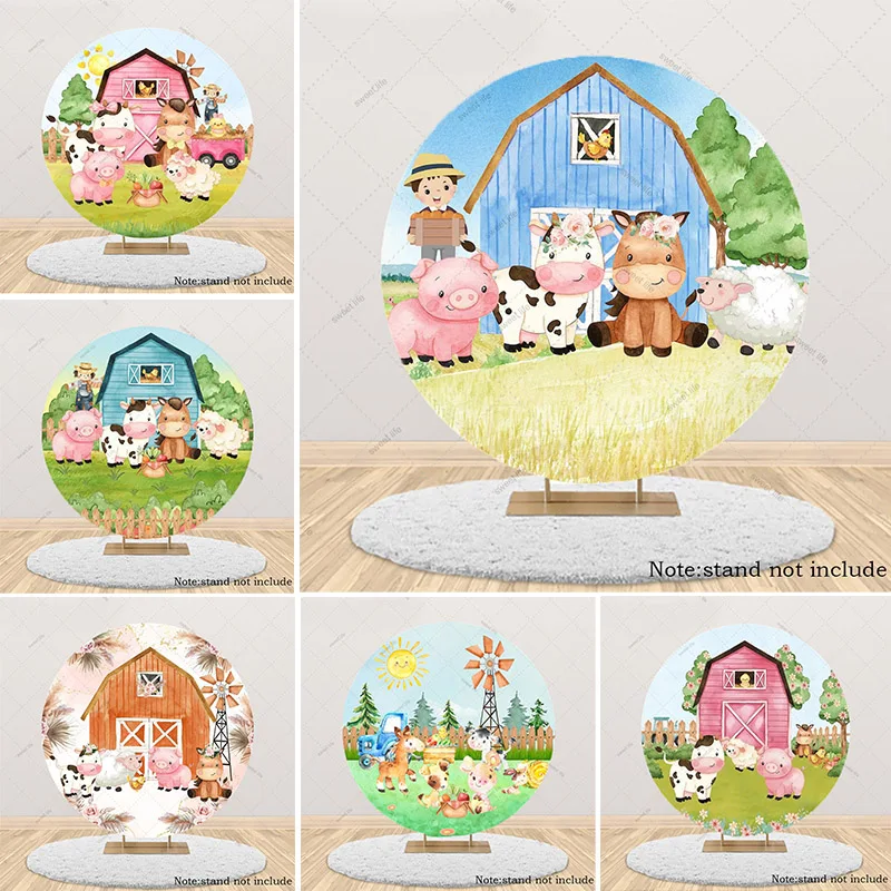 

Farm Animal Theme Round Backdrop Cover Boys Girls Birthday Party Photography Background Baby Shower Photo Decor