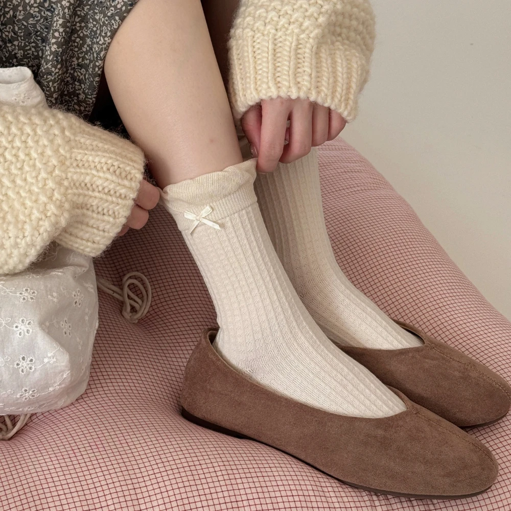 Japanese Girl Sweet Milk White Socks Women 2026 Autumn and Winter New Medium Tube Socks Bow Jacquard Lolita Kawaii Ruffle Socks