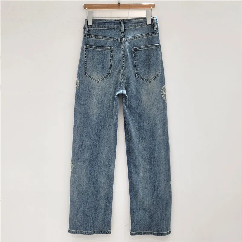 秋の新ラインストーンジーンズ女性のためのハイウエスト光沢のあるハート柄デニムパンツアメリカンファッションハイストリートストレートズボン