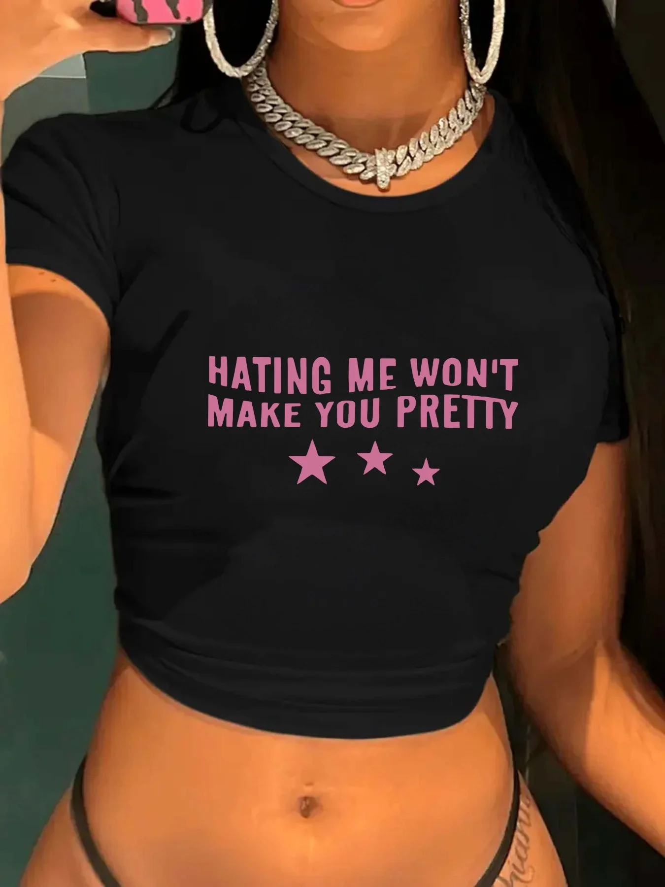 Women's Black Crop Top with Letter Pattern Print Cool Wild Fashion Style Cropped T Shirt Sexy Short Sleeve T-shirt Outfit Female