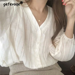 Women's Trendy Lace Patchwork Chic Button Up Shirt Autumn Simple Casual White Blouse Female V Neck Long Sleeve Loose Tops Blusas