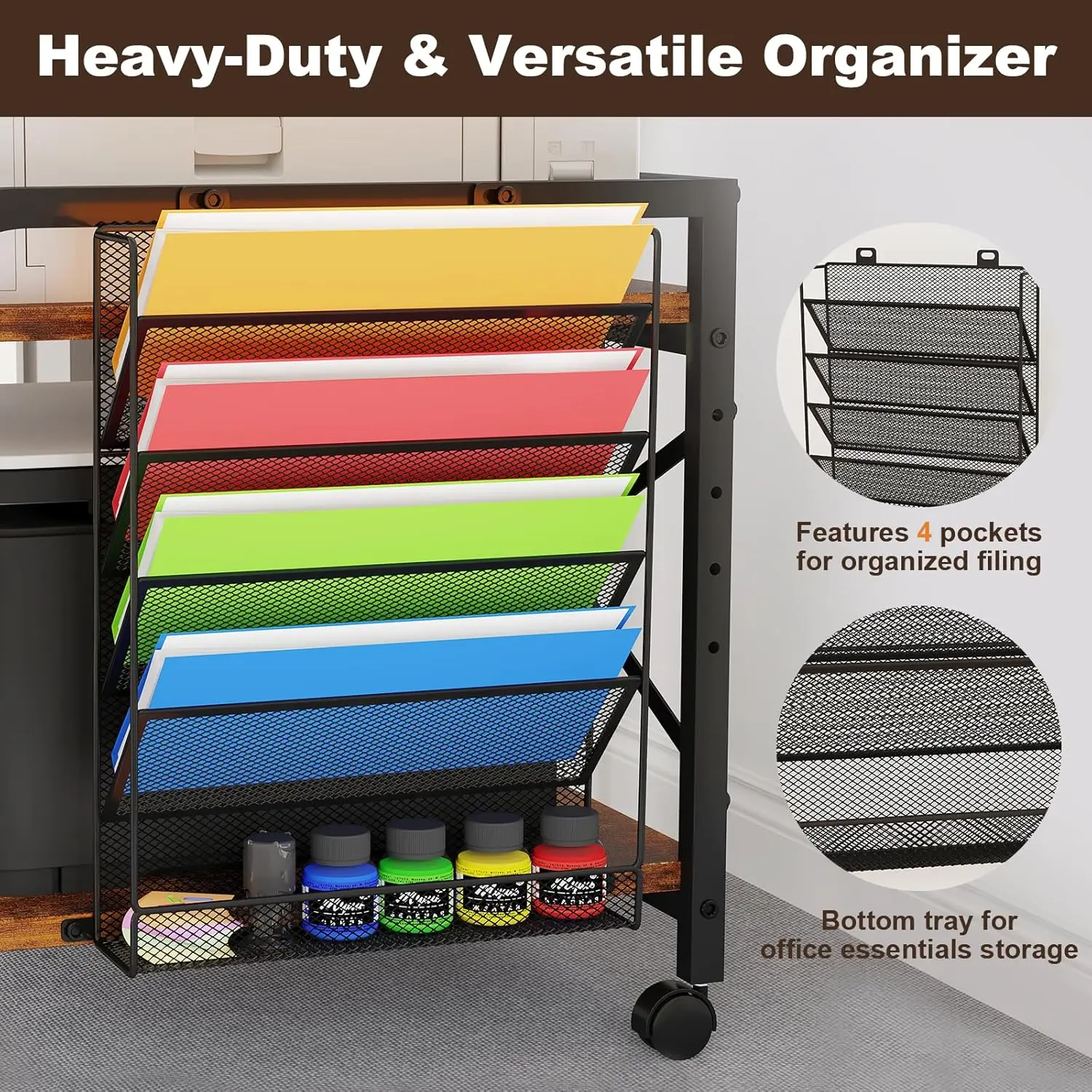 Grand support d'imprimante 24 "x 20" avec organisateur de porte-fichiers suspendu, étagère à hauteur réglable avec roulettes, sous la Table de bureau · Offre spéciale