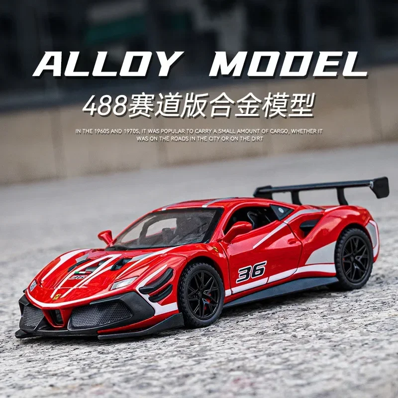 1:32 Ferrari 488 Supercar Auto in lega Fonde sotto pressione Veicoli giocattolo Modello di auto Suono e luce Tirare indietro Auto Giocattoli per bambini Regali A659