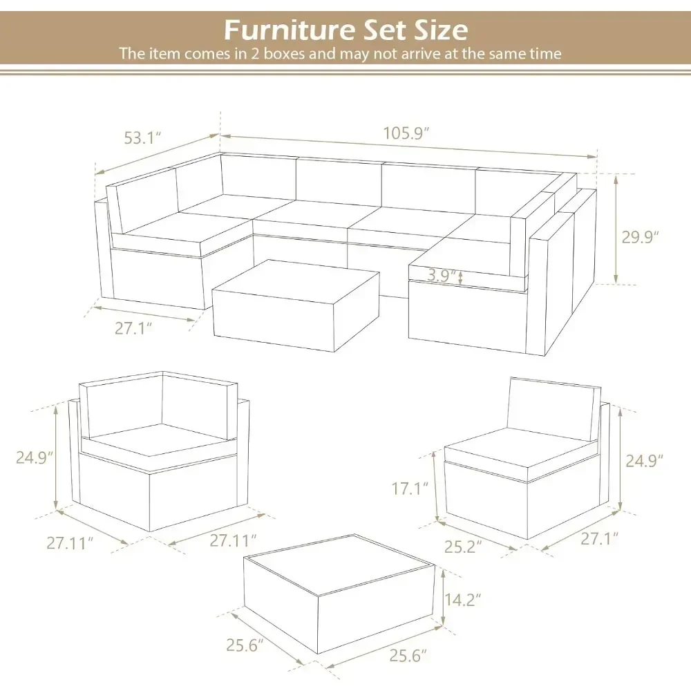 Outdoor Table Set 7 Piece Outdoor Patio Furniture Set Backyard(Khaki Cushions and Brown PE Rattan) Patio Sectional for Garden