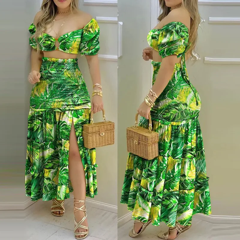 

Summer Sexy Chest Wrap Off Shoulder Short Top And Folds Ruffle Long Skirt Suit Ladies Elegant Set Floral Print Party 2 Piece Set