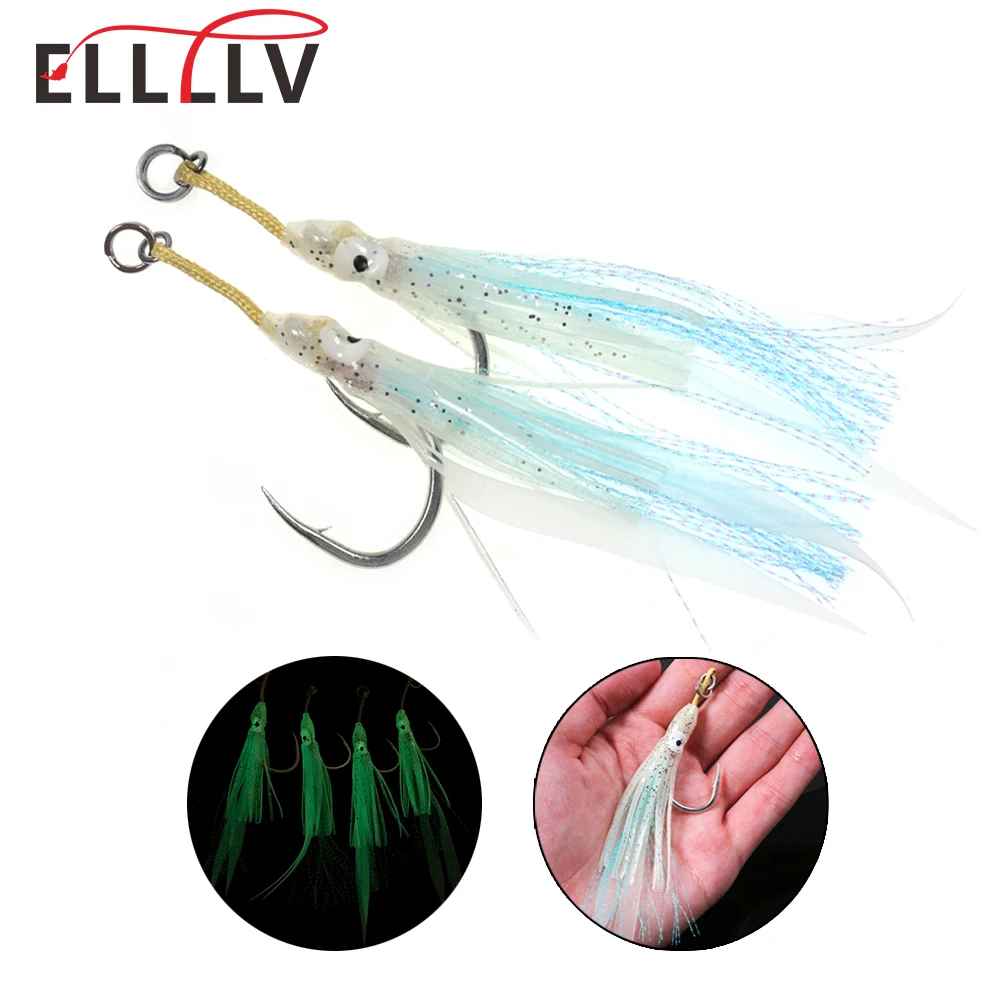 Elllv 2pcs/Bag Heavy Assist Hook 2/0 3/0 5/0 7/0 Luminous Squid Skirt Lure with Kevlar Cord Saltwater Fishing Slow Jigging Hook