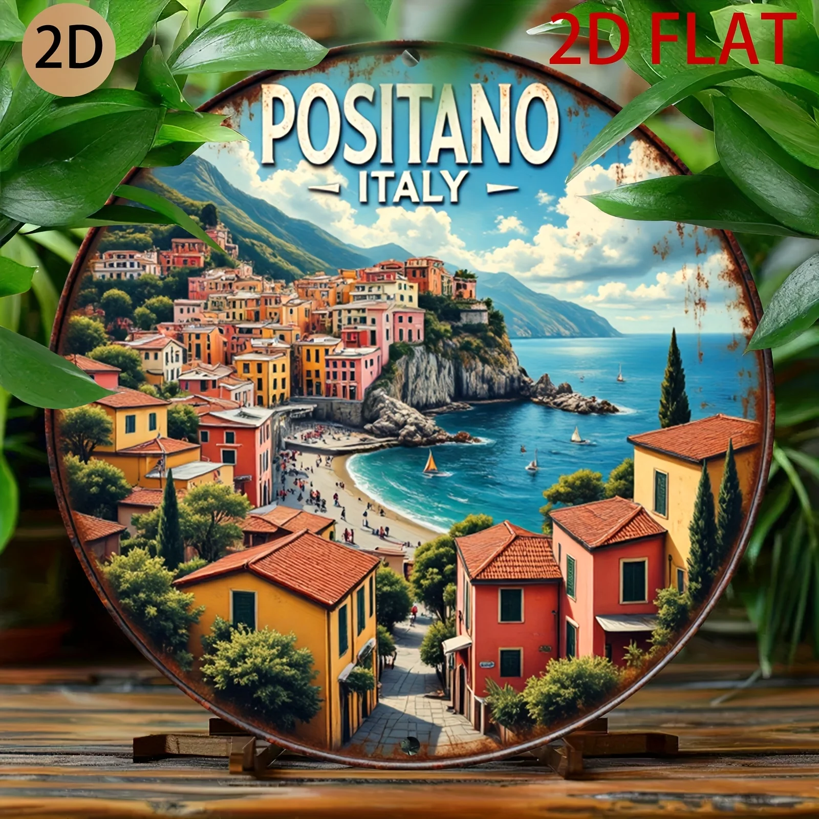 2D Flat - A Round Metal Sign Featuring a Retro Design of Positano, Italy, Perfect for Decorating Homes, Cafes, Or Travel-Themed