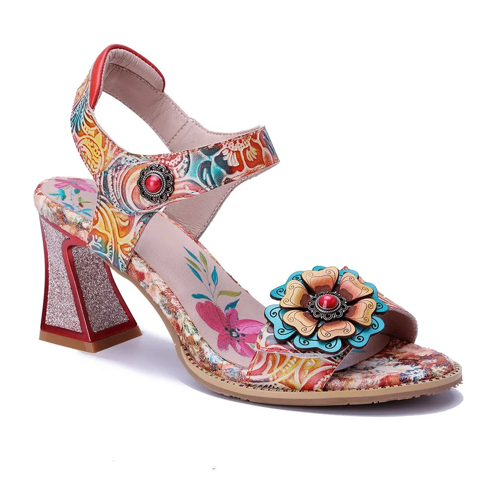 Birkuir Flowers Printing High Heel Sandals Women Thick Heel Hook Loop Slides Genuine Leather Mixed Colors Beach Sandals 41 42