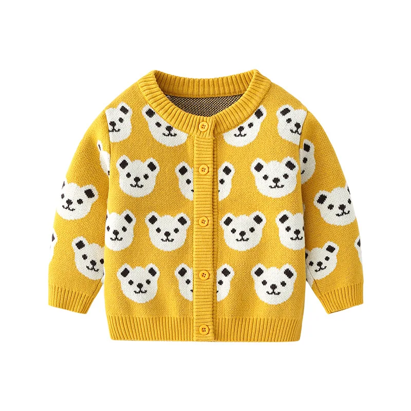 Ins Spring Autumn Children Boys 100% Cotton Sweater Single Breasted Little Boys Knitwear Cartoon Bear Print Baby Boys Coat