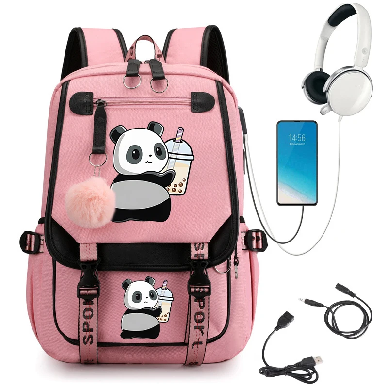 

Black Pink School Bag Backpack Back Pack for Teenager Schoolbag Primary High Bagpack Boba Panda Bubble Tea Anime Usb Schoolbag