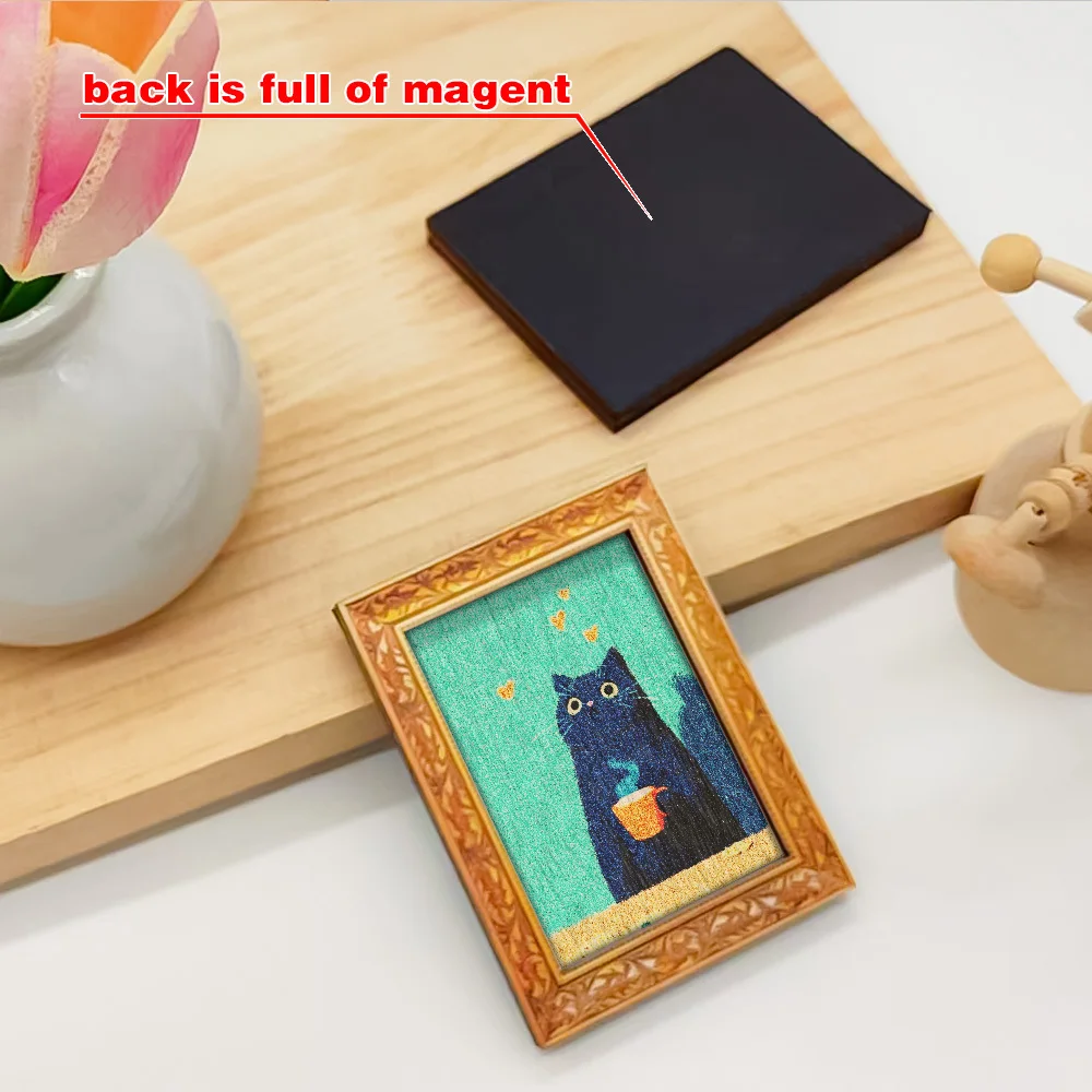 Vintage-Kühlschrankmagnet mit geschnitztem Holzrahmen, niedlicher Kühlschrankaufkleber mit schwarzer Katze, die Kaffee trinkt, für Küchendekoration und Katzenliebhaber – Detail 4