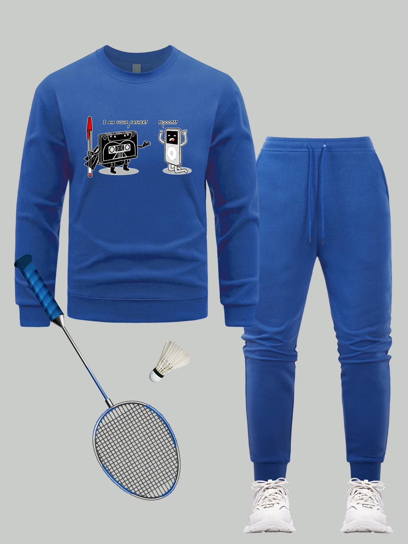 

Cartoon Cassette Tape And Ipod Pattern Men Sweatshirt Suit Casual Loose Pants O-Neck Soft Pullover Comfy Sports New In Men'S Set