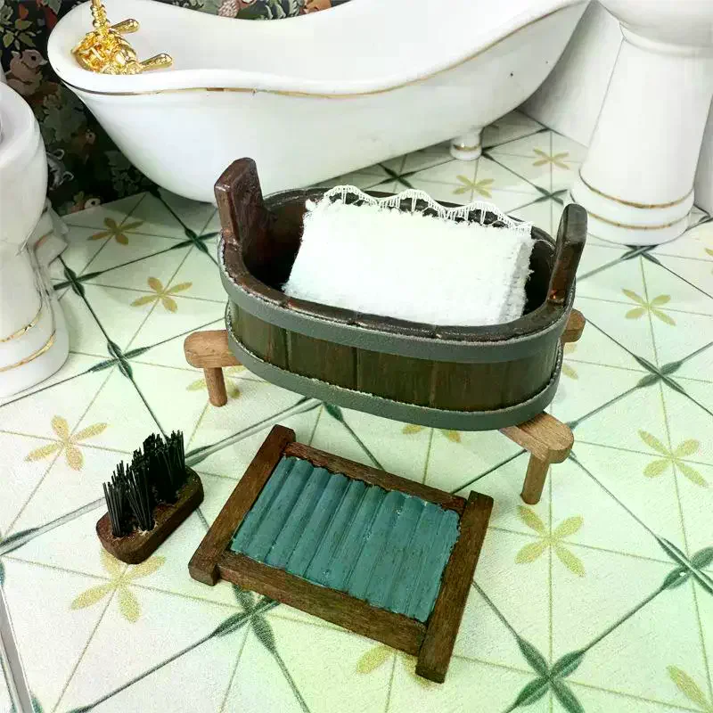 1:12 인형집 미니어처 나무 통 세탁판 브러시 3종 세트 세탁 장면 미니어처 장식품 역할 놀이 장난감