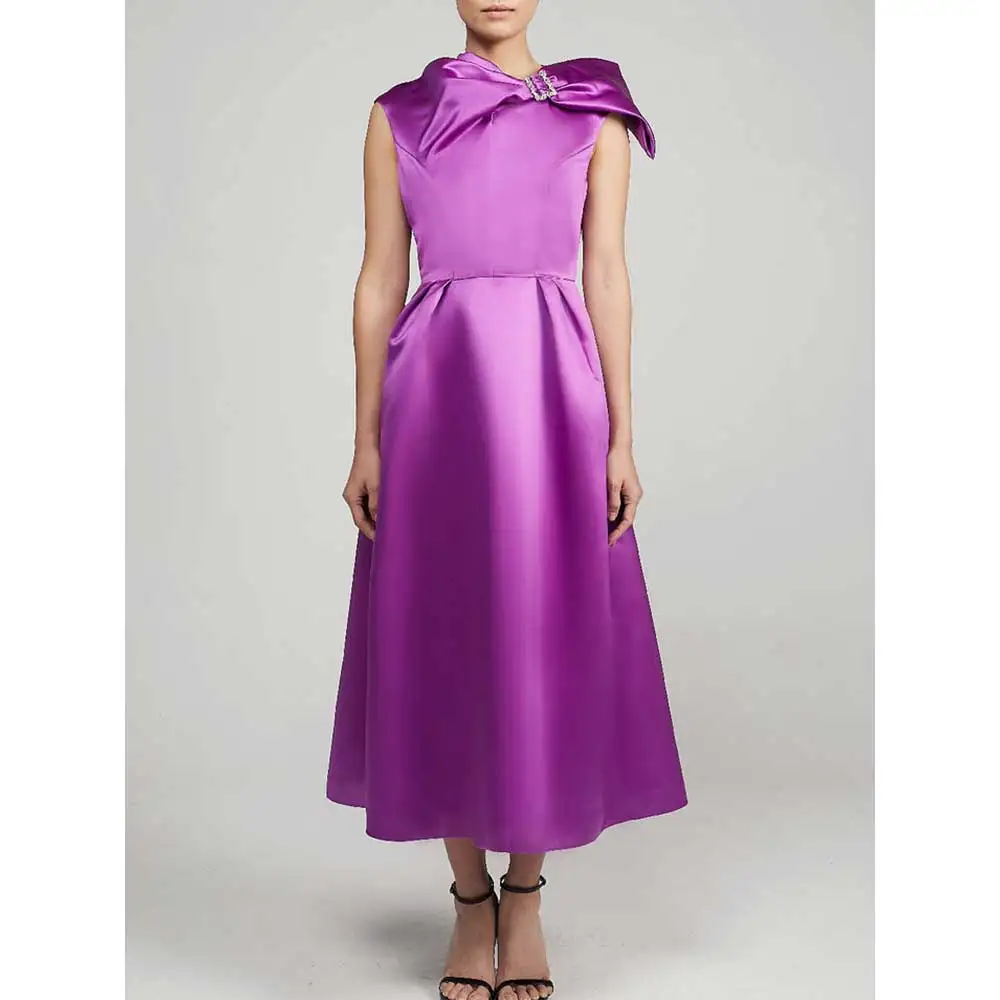 YUMDAI Gorgeous Dubai Sleeveless Bow Dress Purple Elegant Bride Mom Dress Autumn Special Event Dress Formal Occasion Midi Dress