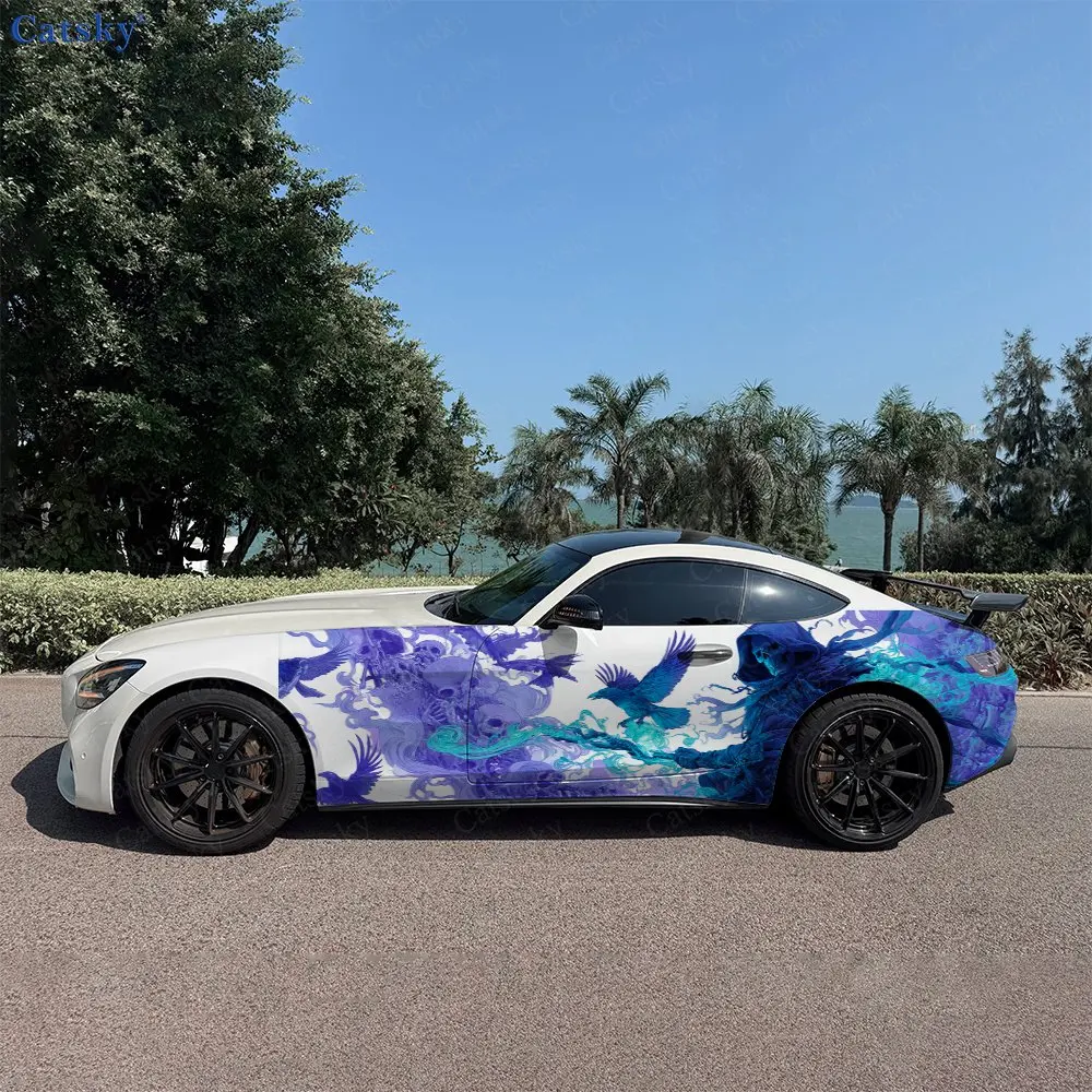 2pcs Blue Shadow Reaper & Raven Car Side Wraps, Self-Adhesive PVC Waterproof & Scratch-Resistant Stickers, Car Accessory Gift