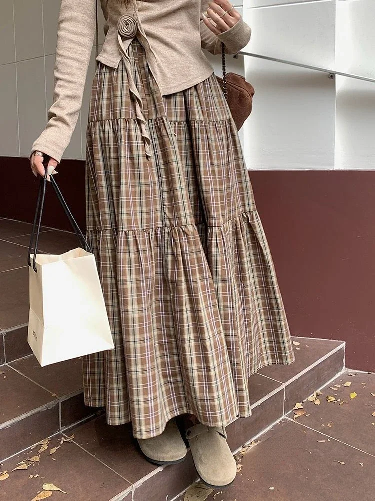 Gonna lunga da donna con stampa scozzese vintage elegante stile preppy gonne longuette Harajuku autunno inverno gonne casual a trapezio streetwear