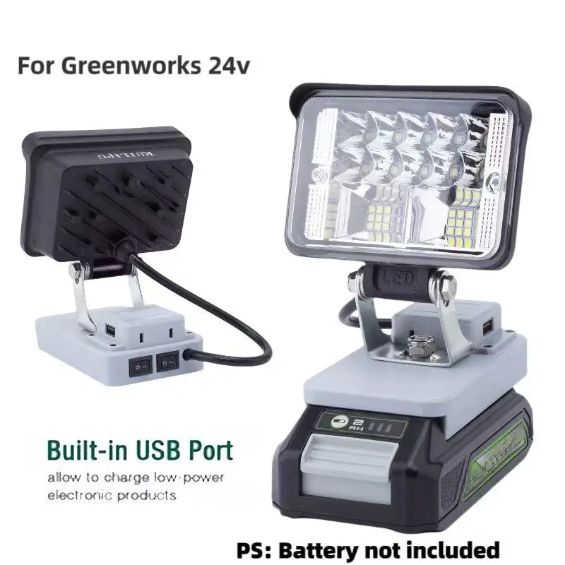 12W Portable Power Battery Power Supply Portable LED work Light For Greenworks 24V  Battery With USB Charger Ports  (no battery)