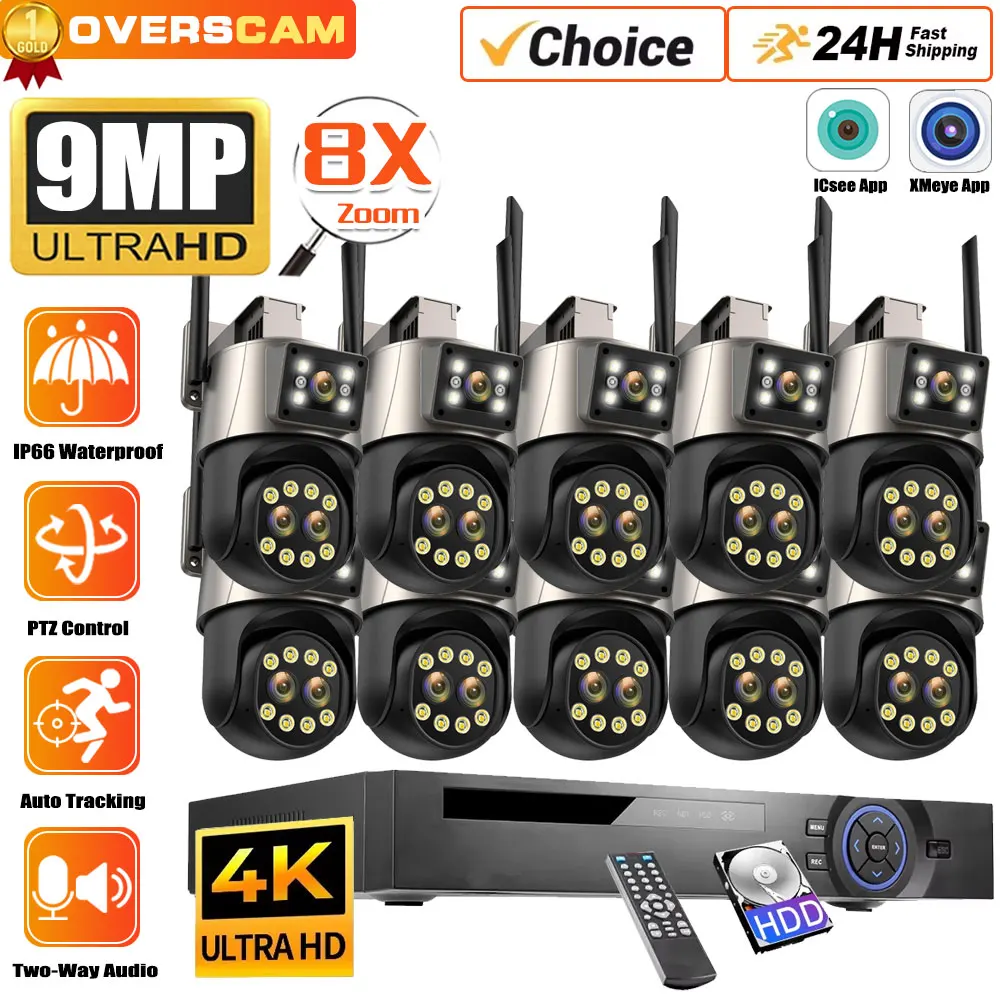 9MP 5K Three-Lens Dual-Screen 8X Digital Zoom Camera 10CH 4K POE NVR PTZ Control Wireless Video Surveillance Security System