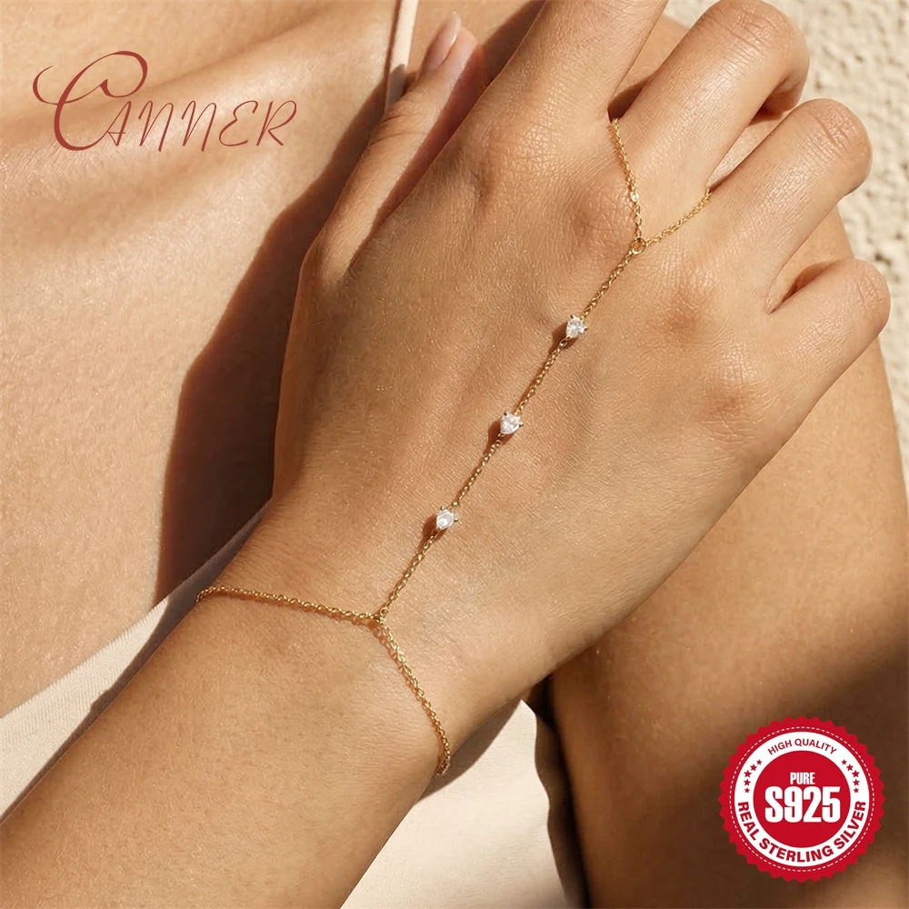 

CANNER 925 Sterling Silver Heart Zircon Chain Bracelet Finger Design For Women Dainty Luxury Valentine's Day Gifts Jewelry