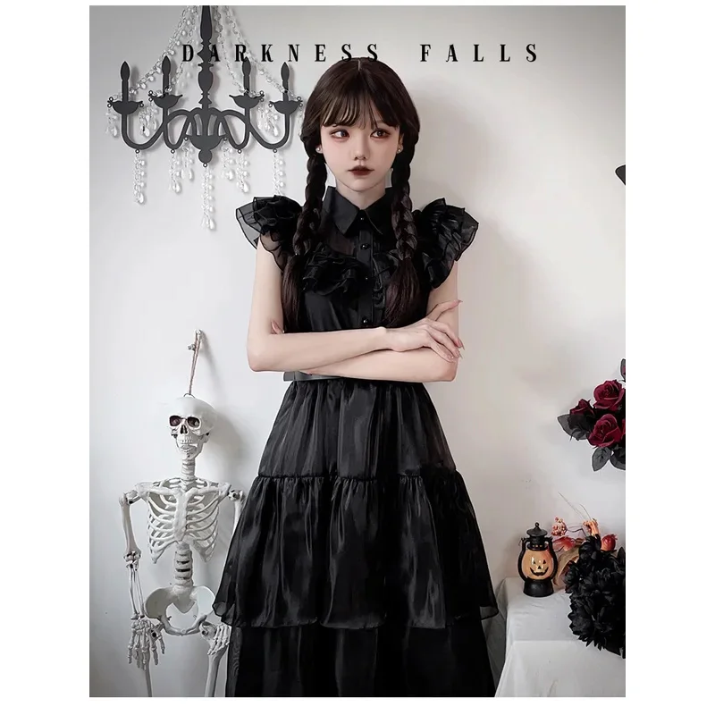 CyDark Goth Adams Family Ghost Bride Cos تنورة مصاص الدماء فستان الهالوين التأثيري فستان أسود صغير