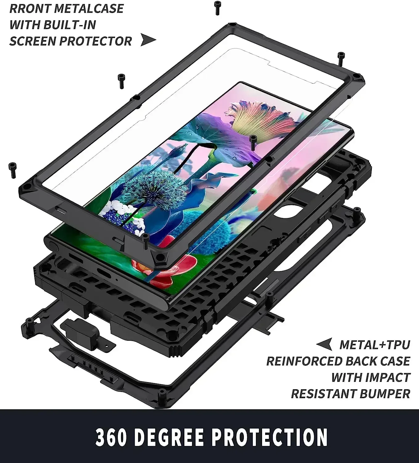 Wytrzymała, metalowa obudowa w stylu wojskowym do telefonów Galaxy S25 Edge, S23, S24, S22, S21, S20 Ultra Plus, Note 20, A32 – odporne na wstrząsy etui z ochronną folią na ekran. — zdjęcie produktu 3