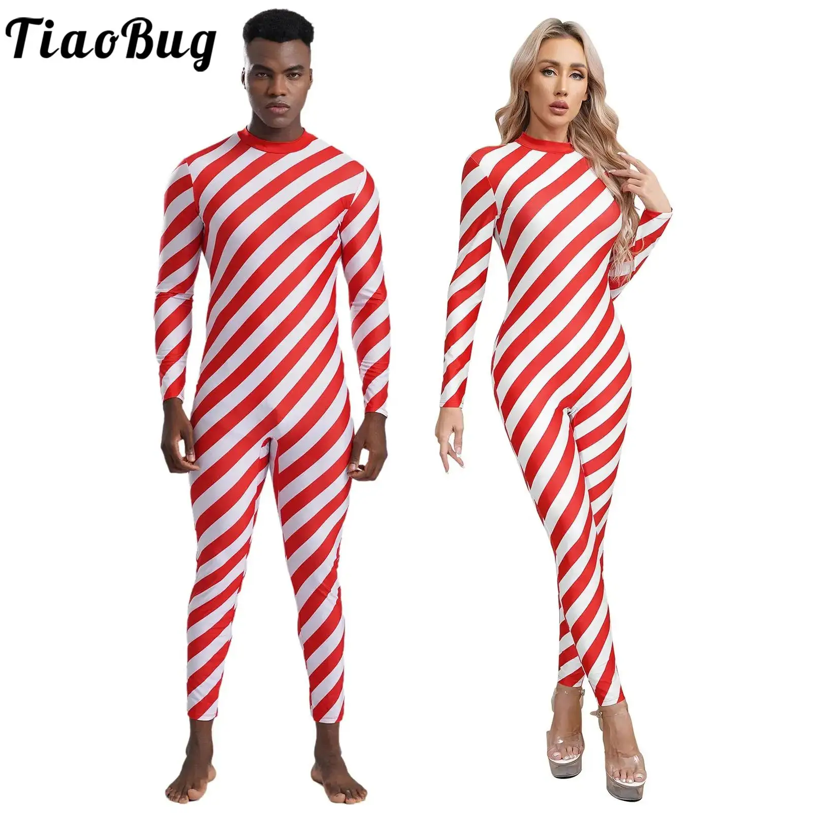 Long Sleeve Christmas Candy Cane Full Bodysuit Jumpsuit for Men Women New Year Party Striped One Piece Dance Leotard Costume