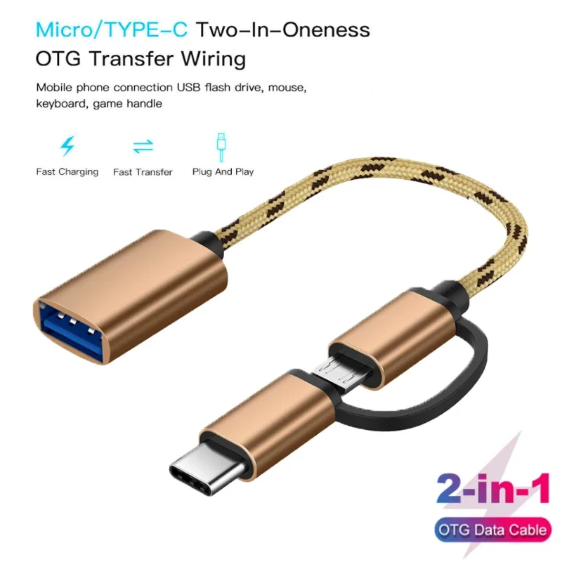 Кабель-адаптер USB 2.0 OTG 2 в 1, преобразователь интерфейса Micro USB в USB 2.0 типа C для линии зарядки мобильного телефона