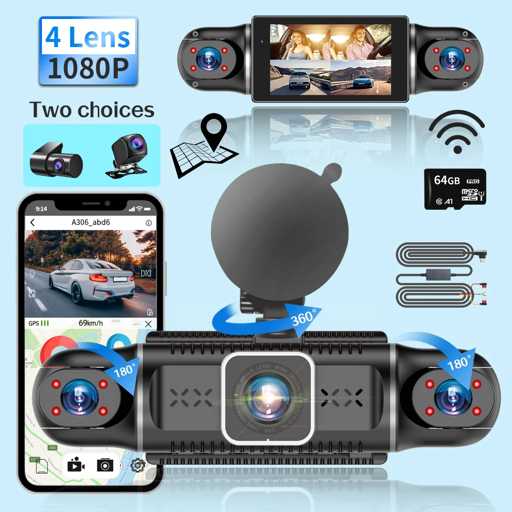 Dash Cam for Cars WiFi GPS 24H Parking Monitoring Free 64G+Rear Camera 360Degree Car DVR Driving Recorder APP Installation Tool