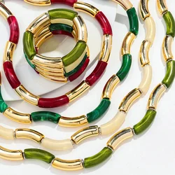 Bohemian Acrylic Gold Color Chunky Bamboo Bracelets for Women Boho Stackable Tube Beads Bangle Necklace 2024 Fashion Jewelry