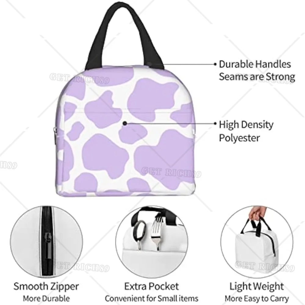 Colorful Cow Print Purple Insulated Lunch Bag Reusable Lunch Box Meal Portable Container Tote for Women Work Travel Picnic