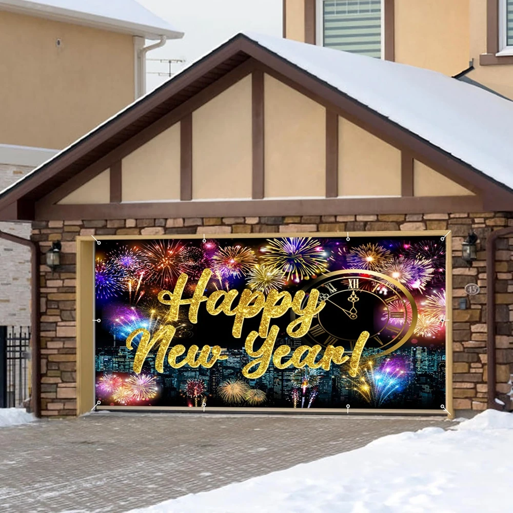 Happy New Year Garage Door Background Decorations Cover New Year Eve Fireworks Garage Door Banner Backdrop Photo Studio Props