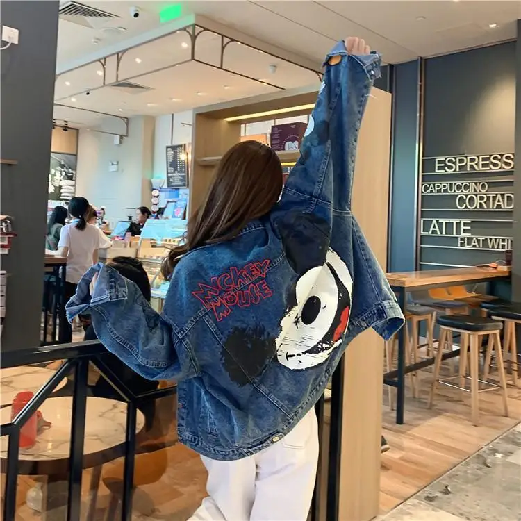 Disney Boutique Clothing Mickey Printed Denim Jacket Women's  Spring And Autumn New Loose Large Size Jacket Cartoon Casual Top