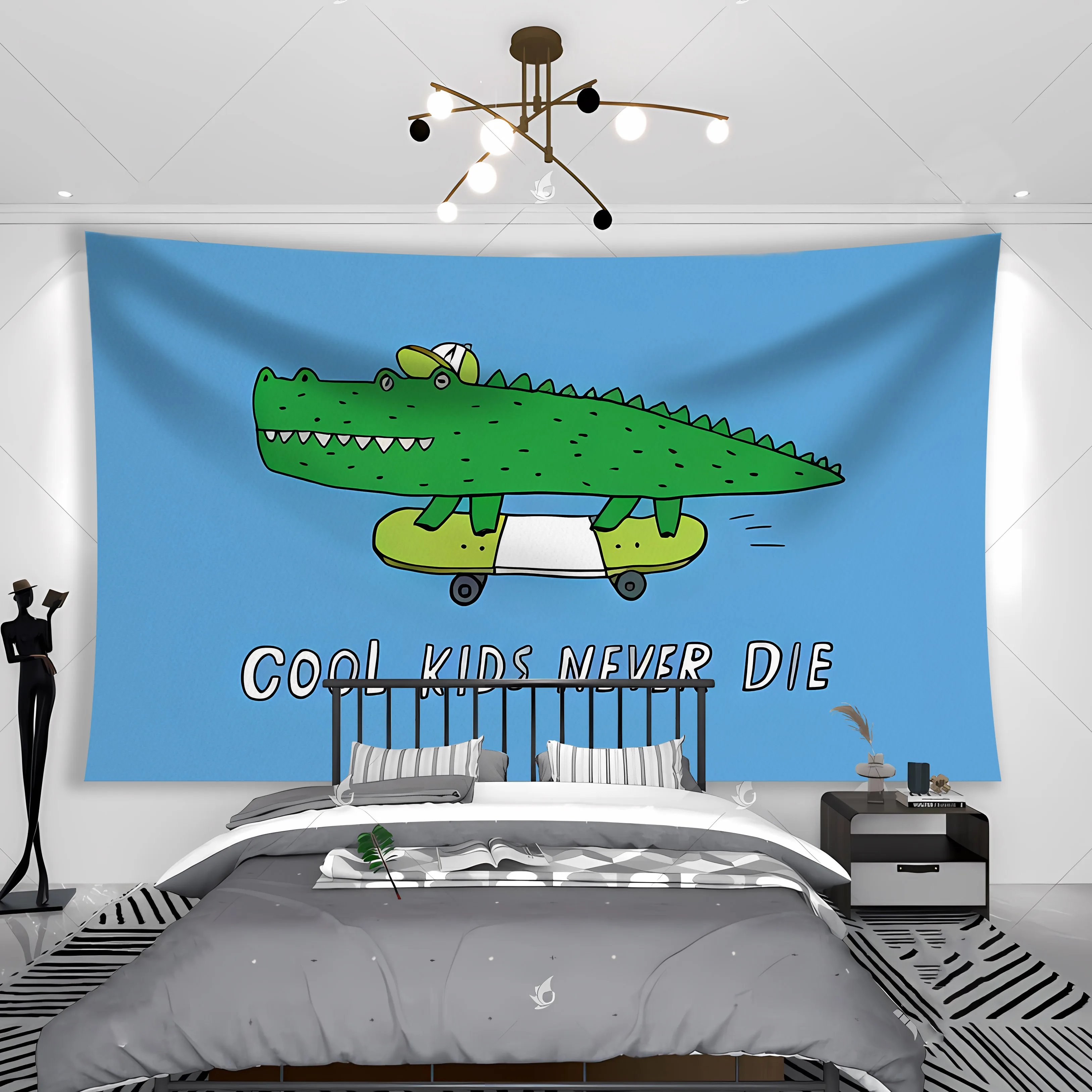 Crocodile Skateboard Tapestry Wall Hanging  Blue Curtain Gift Background Cloth Cover Home Decoration