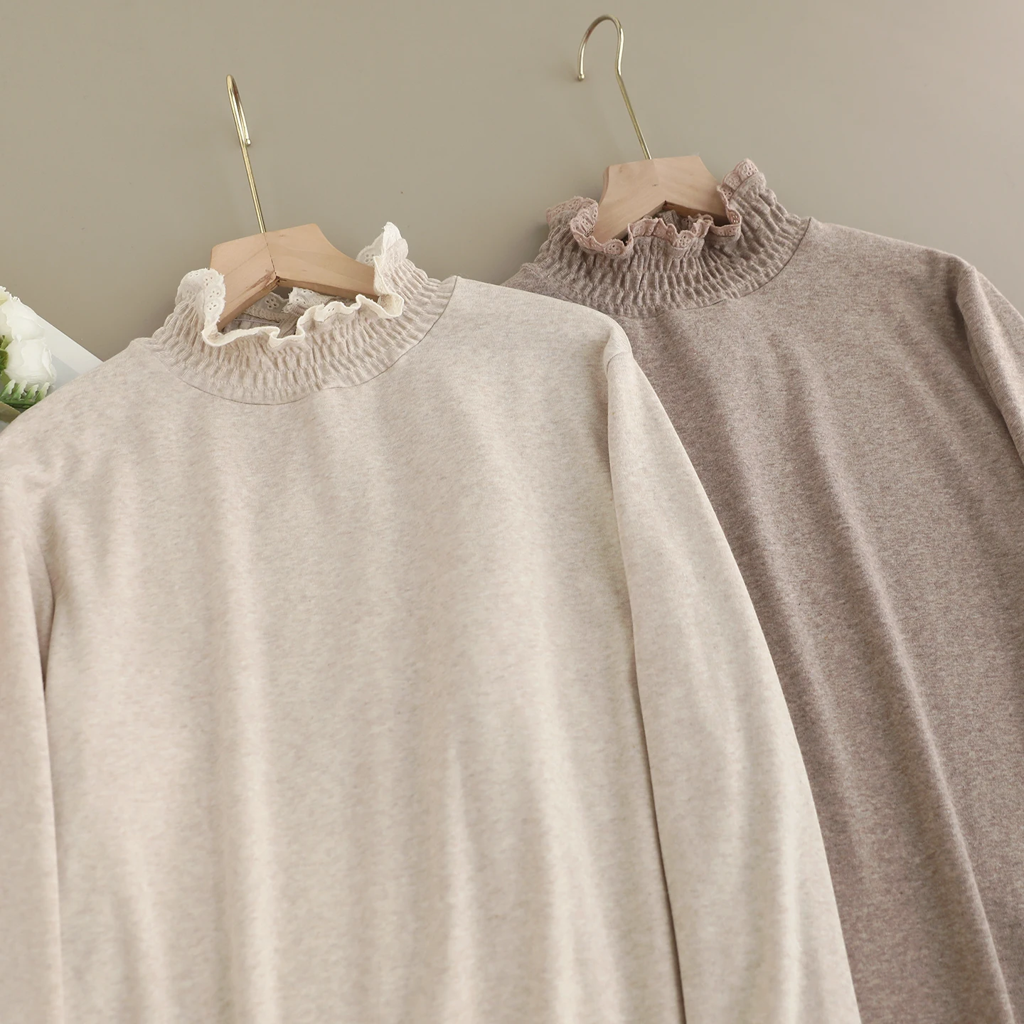 Japonês doce mori menina cor sólida camisetas de algodão feminino primavera outono gola alta manga longa casual solto pulôver camisas