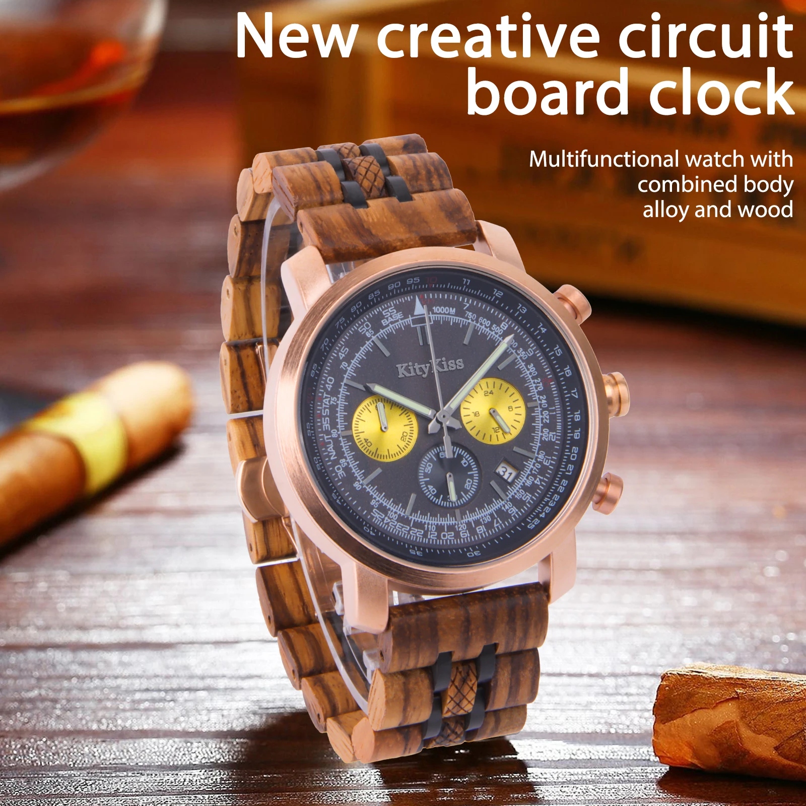 kitykiss 8294 Men\'s wooden watch Personalized military sports timekeeping quartz waterproof fashion watch supports customization