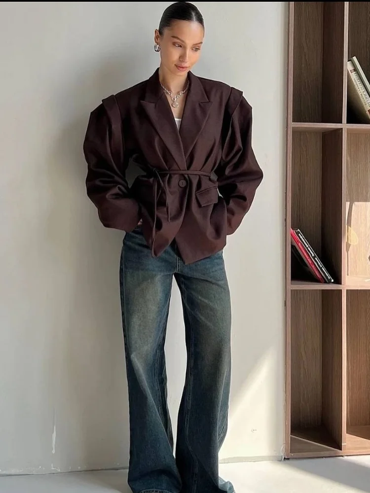 

Women Casual Solid Lace Up Loose Suit Jacket Fashion Lapel Button Full Sleeve Pocket Blazer Coat Autumn Lady Highstreet Outwear