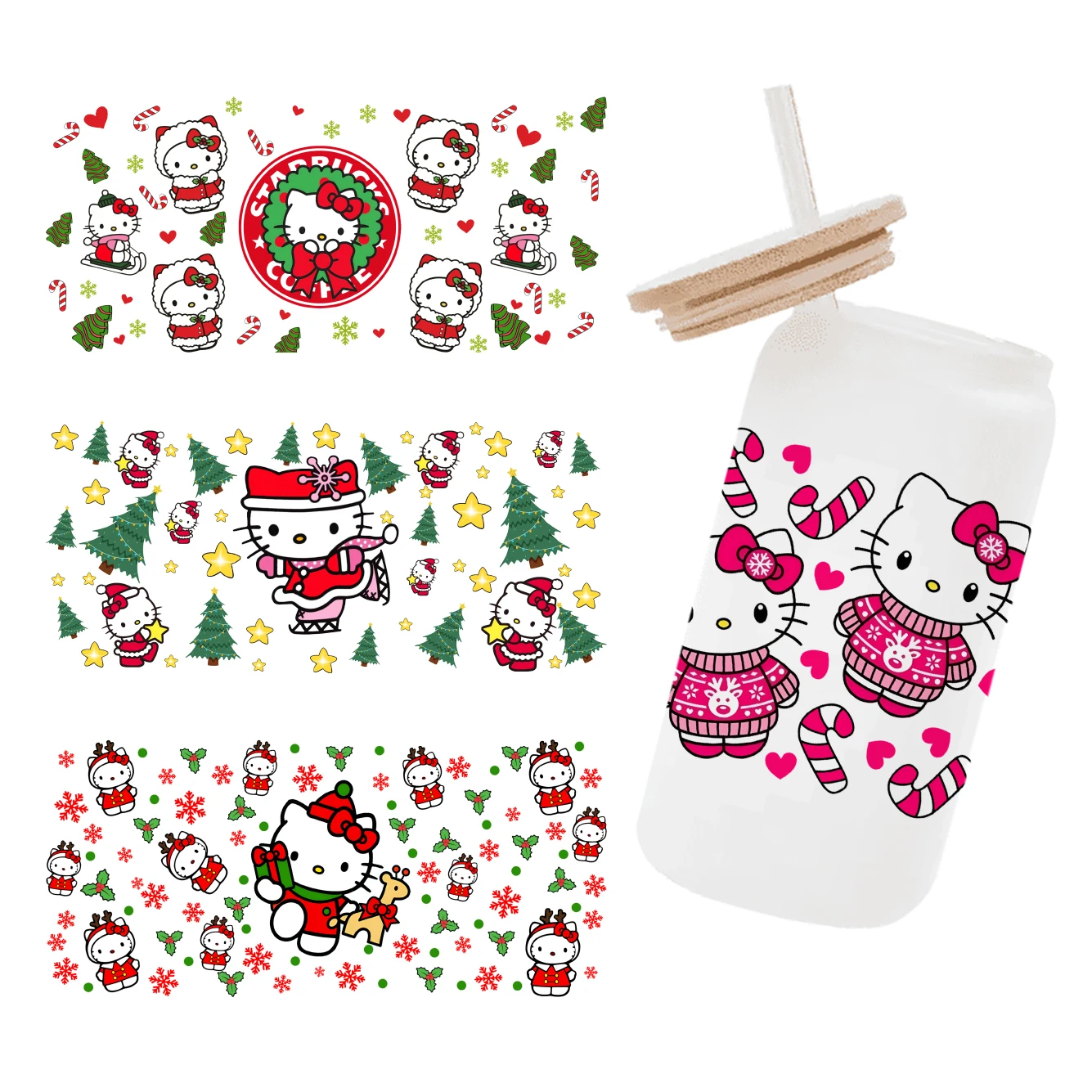 11x24cm Hello Kitty Weihnachtsthema UV DTF Cup Wrap Wasserdicht Urlaub Design Tumbler Glasbecher DIY Aufkleber Aufkleber