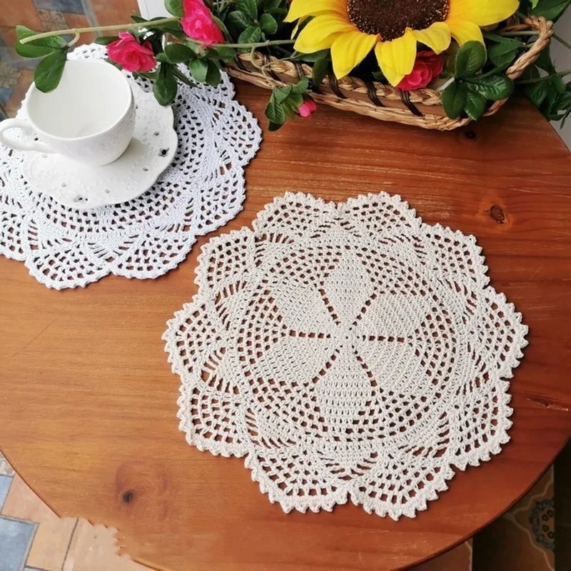 

Round cotton placemat coaster handmade Christmas flower Crochet table place mat cloth wedding Table decoration and accessories