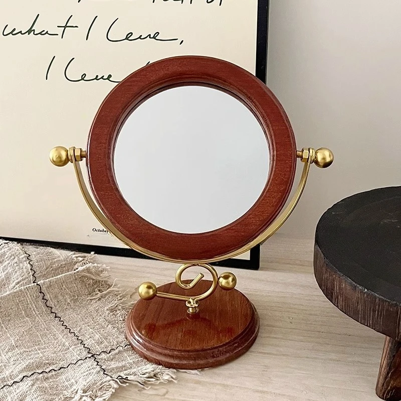 

Зеркало для макияжа, настольное ретро-украшение из цельного дерева, орнамент, стол для общежития, настольное косметическое зеркало, вращающееся круглое зеркало