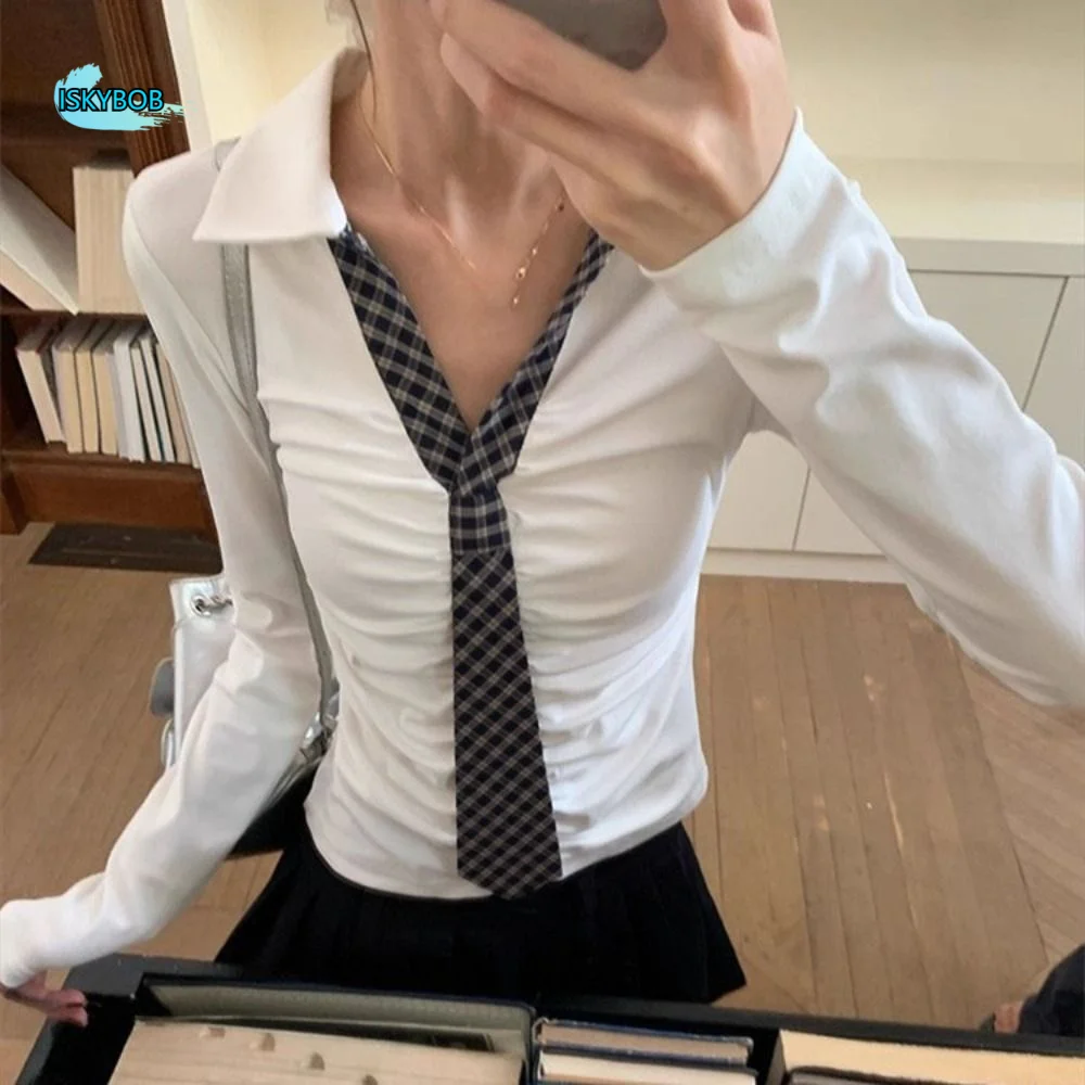 

Fake Tie Long Sleeve Cotton T-shirt Collar Patchwork Summer Slim Crop Tops Simple Spicy Girl Style Women's Grid Vest Beach