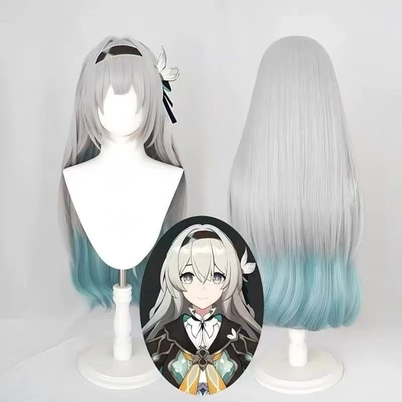 Honkai: Star Rail Firefly Cosplay Wig Silver Grey Gradient Teal Long Curly Wig Heat Resistant Synthetic Hair for Halloween Party