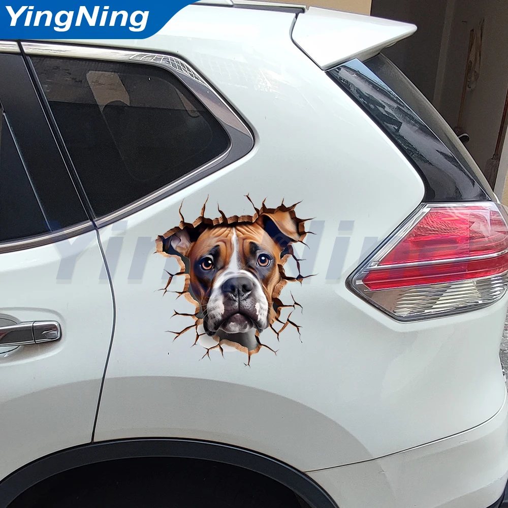 

3D Boxer Dog Car Stickers Creative Realistic Animal Crack Decals Waterproof Auto Body Scratch Cover Sticker for SUV Trunk Decor