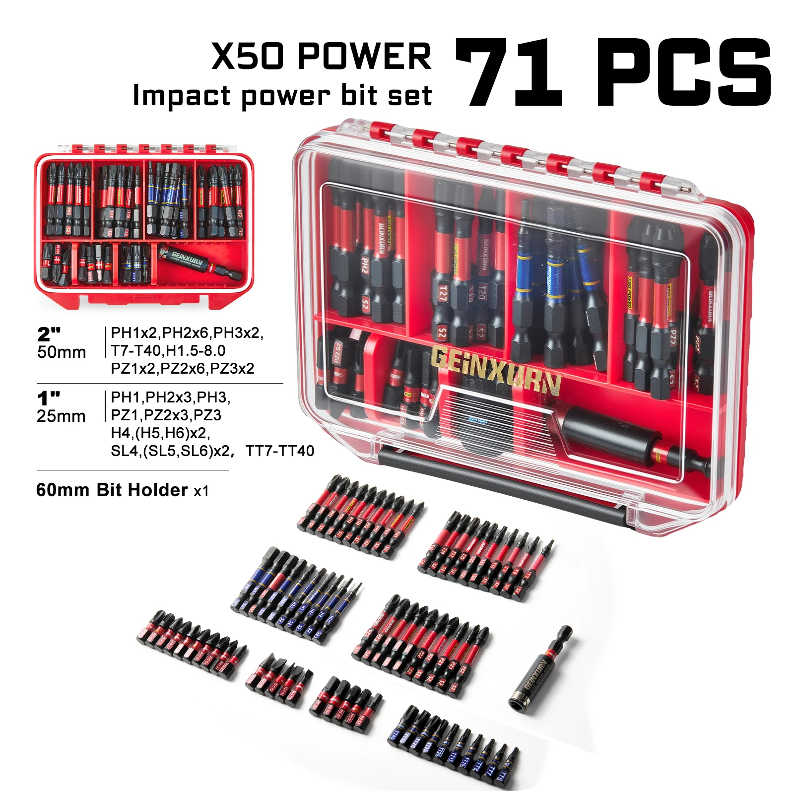 Geinxurn Impact Screwdriver Bits Set,Case Storage Magnetic S2