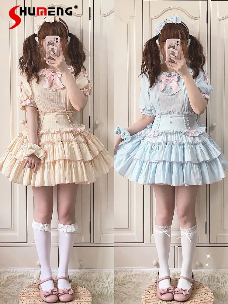 Sweet Cute Lolita Girl Ruffles Doll Collar Bow Puff Sleeve Top High Waist Slim Layered Tiered Mini Skirt Two-Piece Set for Women