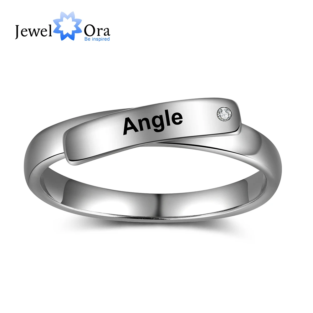 Personalized Engraved Name Couple Rings with Birthstone Simple Silver Color Customized Rings for Women Men Valentines Day Gift