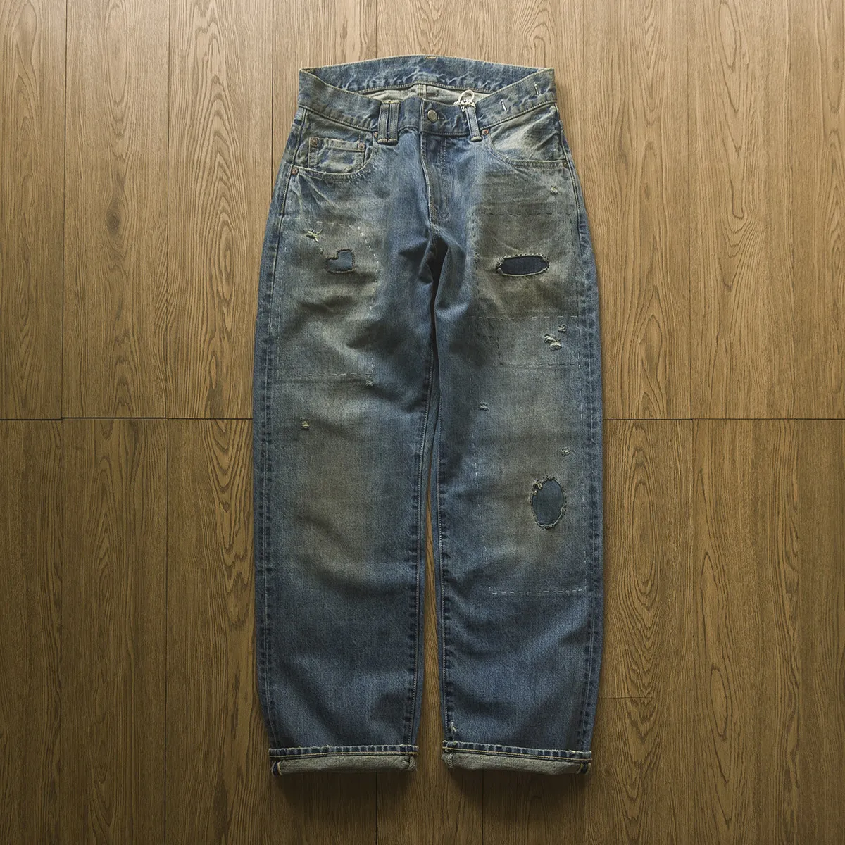 

American Retro Heavyweight Washed Straight Leg Jeans with Holes Hand Sewn Patches and Distressed Men's Pants